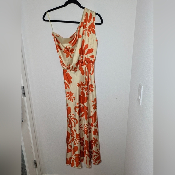 Petal & Pup Ana Satin Floral One Shoulder Satin Midi Dress Orange Cream Sz XS - Picture 7 of 13